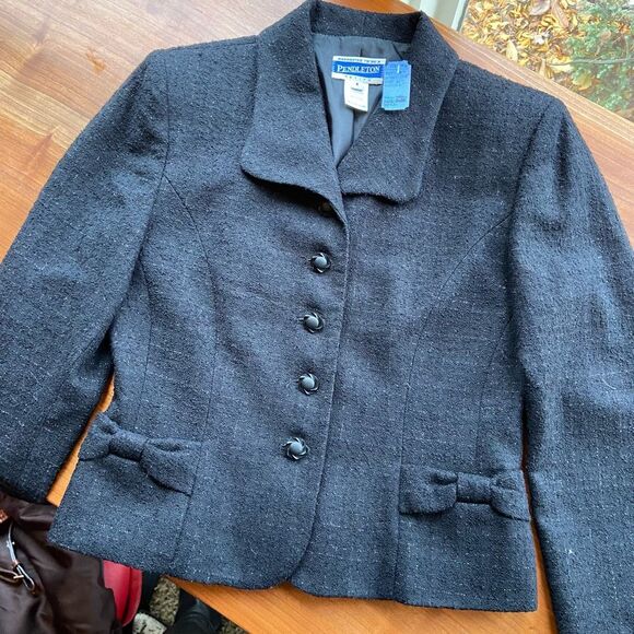 Pendleton Wool Cropped Blazer Women’s 4 Black Bow Pockets Lined VTG - Picture 1 of 9